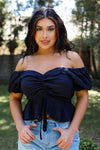 Black Textured Front Ruched Detail Short Balloon Sleeve Flare Hem Crop Top /2-2-2 - Tasha Apparel Wholesale
