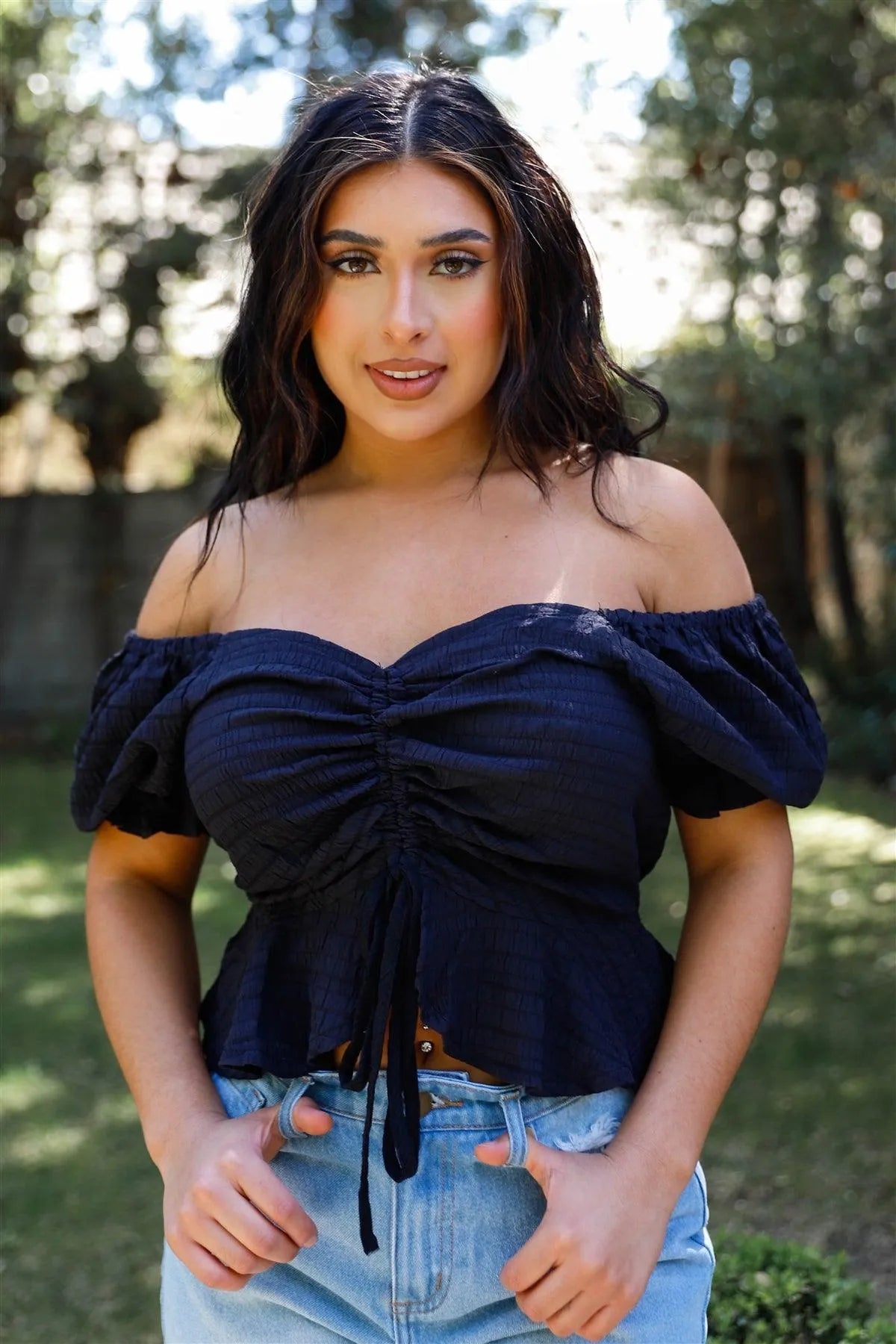Black Textured Front Ruched Detail Short Balloon Sleeve Flare Hem Crop Top /2-2-2 - Tasha Apparel Wholesale