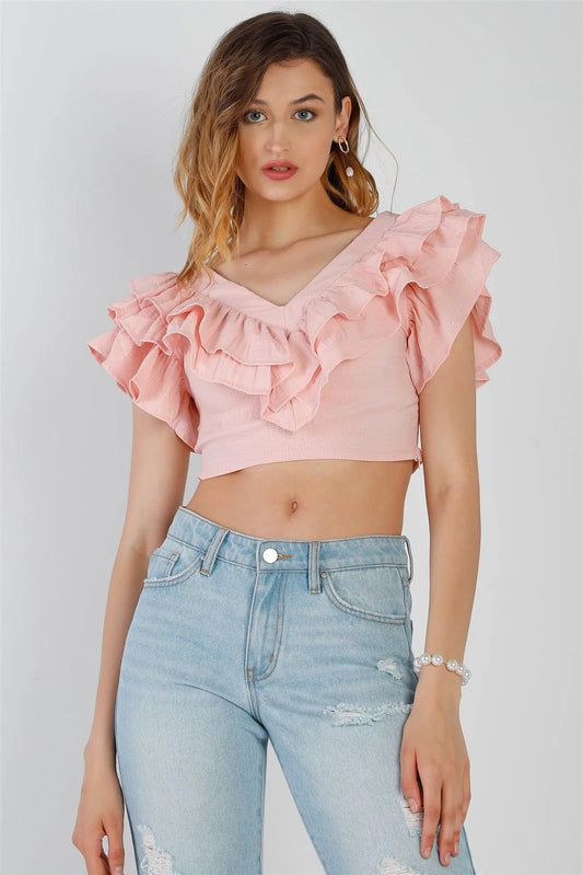 Pink Textured Layered Ruffle Detail V-Neck Crop Top /2-2-2 - Tasha Apparel Wholesale