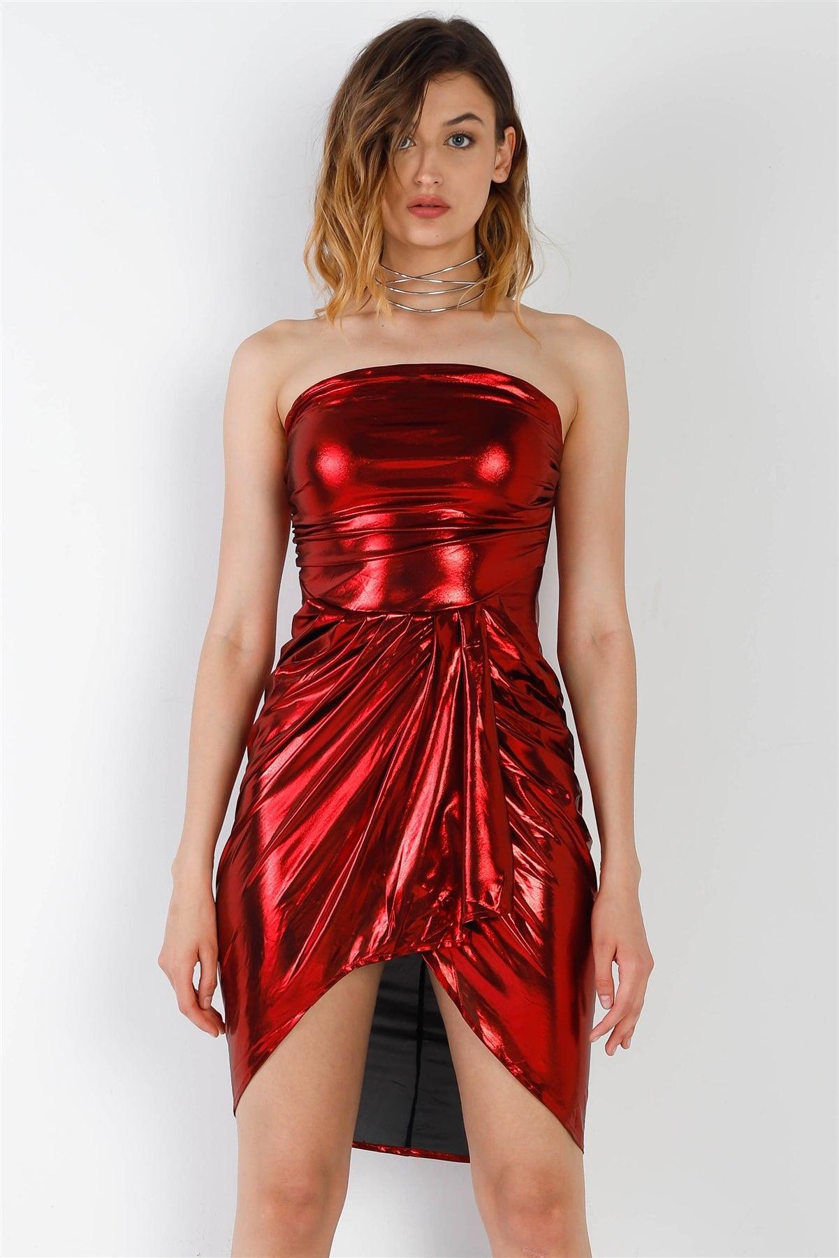 Red Metallic Sleeveless Drape Irregular Hem Dress /2-2-2
