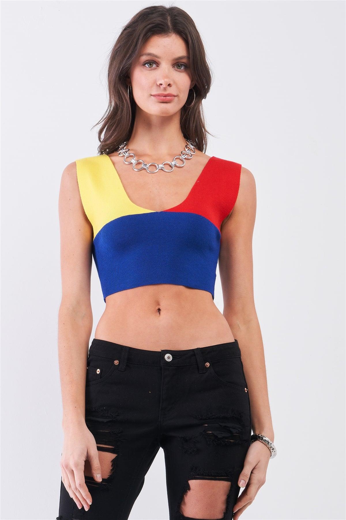 Yellow Red Blue Color Block Knit Deep V-Neck And Back Sleeveless Crop Tank Top /1-3-1