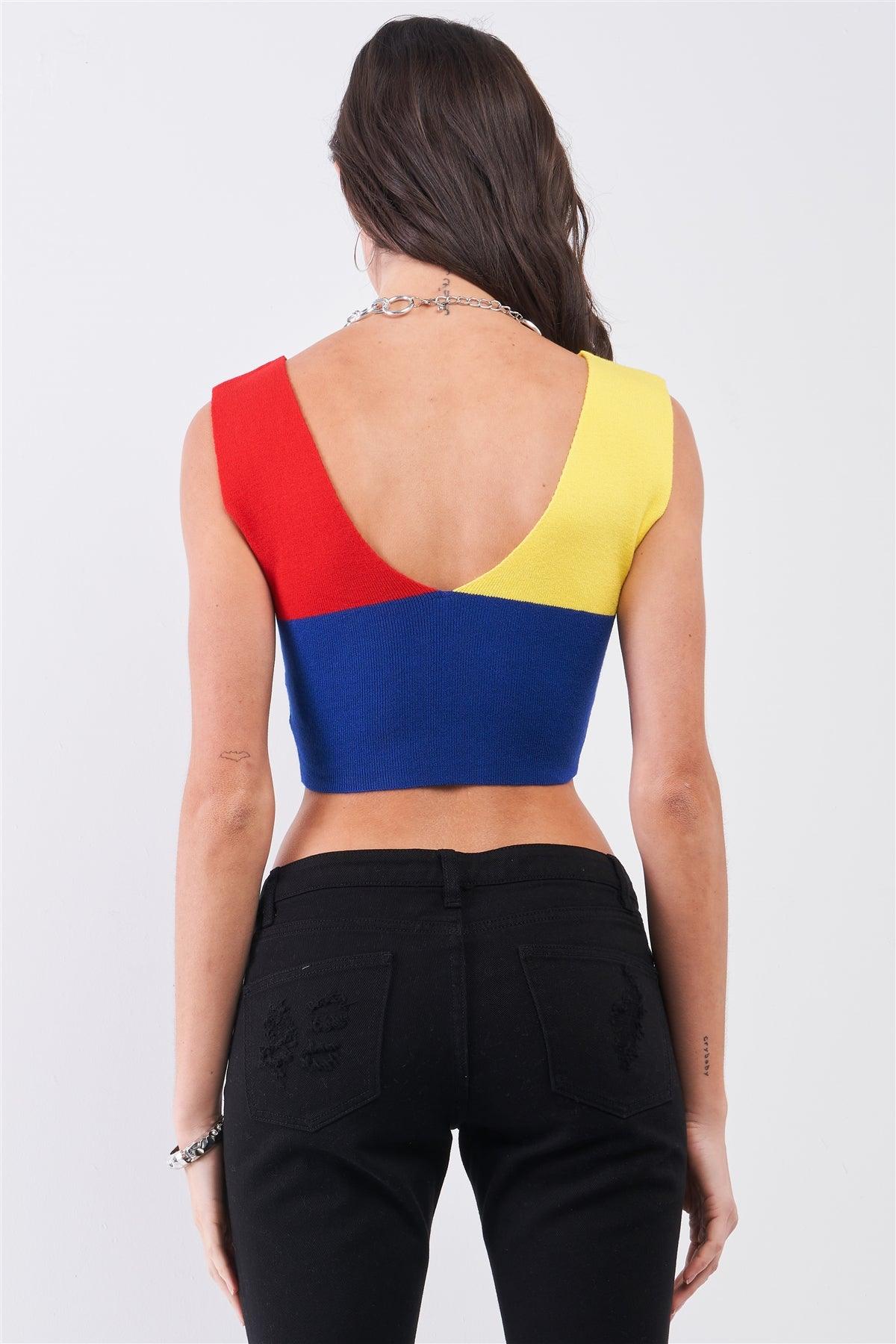 Yellow Red Blue Color Block Knit Deep V-Neck And Back Sleeveless Crop Tank Top /1-3-1