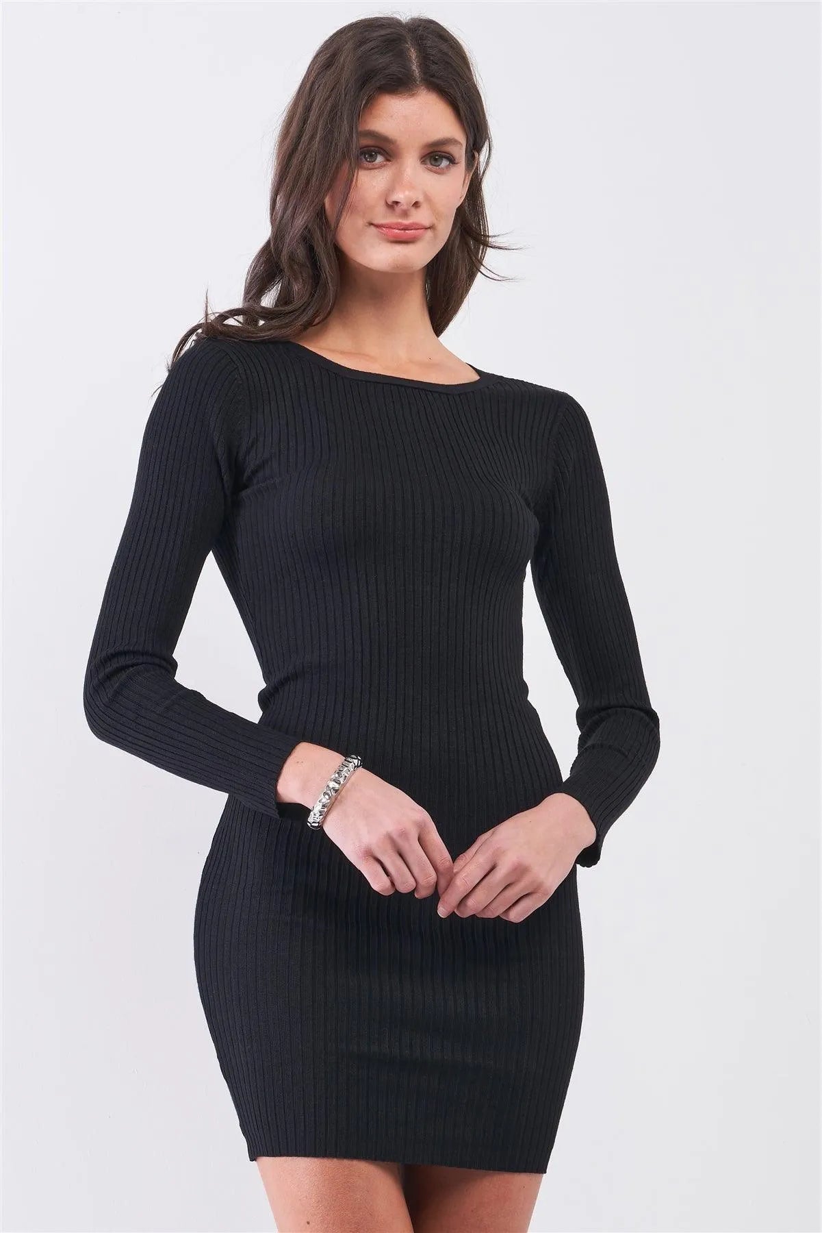 Black Ribbed Chain Open Back Bodycon Mini Dress - Tasha Apparel Wholesale