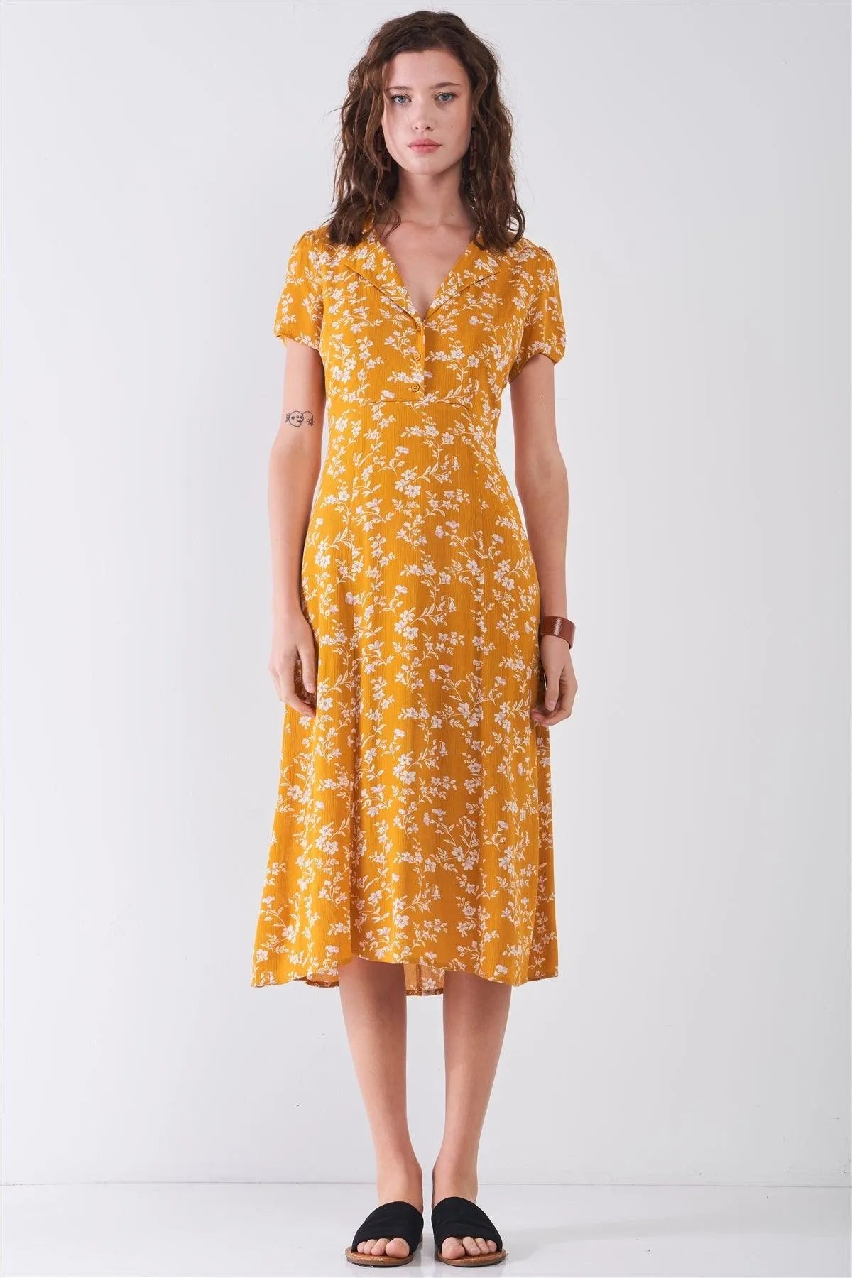 Sunset Yellow Floral Print Collared V-Neck Short Sleeve Midi Dress /3-2-1 - Tasha Apparel Wholesale