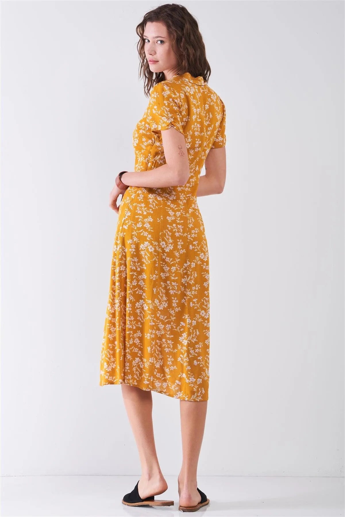 Sunset Yellow Floral Print Collared V-Neck Short Sleeve Midi Dress /3-2-1 - Tasha Apparel Wholesale