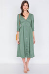 Olive V-Neck Front Button 3/4 Balloon Puff Sleeve Casual Midi Dress /2-2-2
