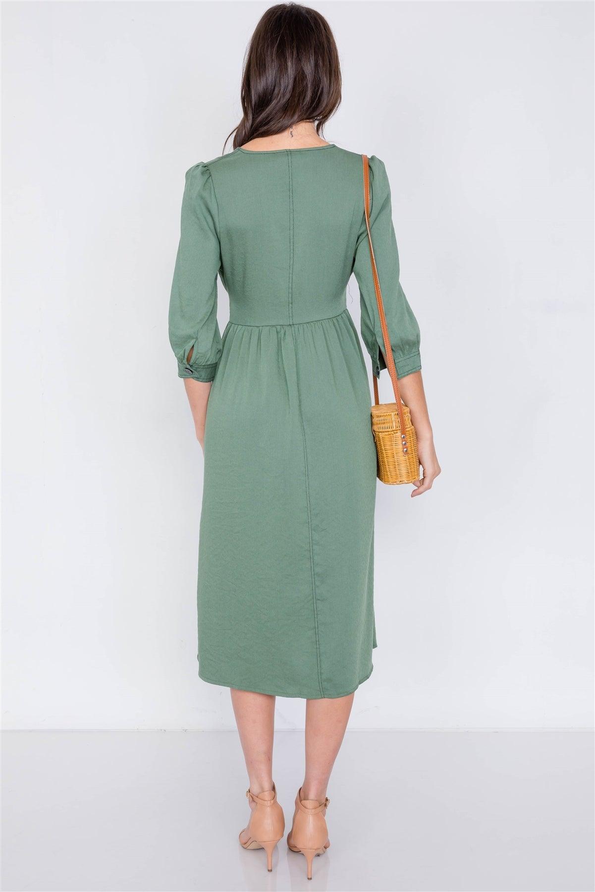 Olive V-Neck Front Button 3/4 Balloon Puff Sleeve Casual Midi Dress /2-2-2