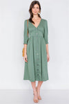Olive V-Neck Front Button 3/4 Puff Sleeve Casual Midi Dress - Tasha Apparel Wholesale