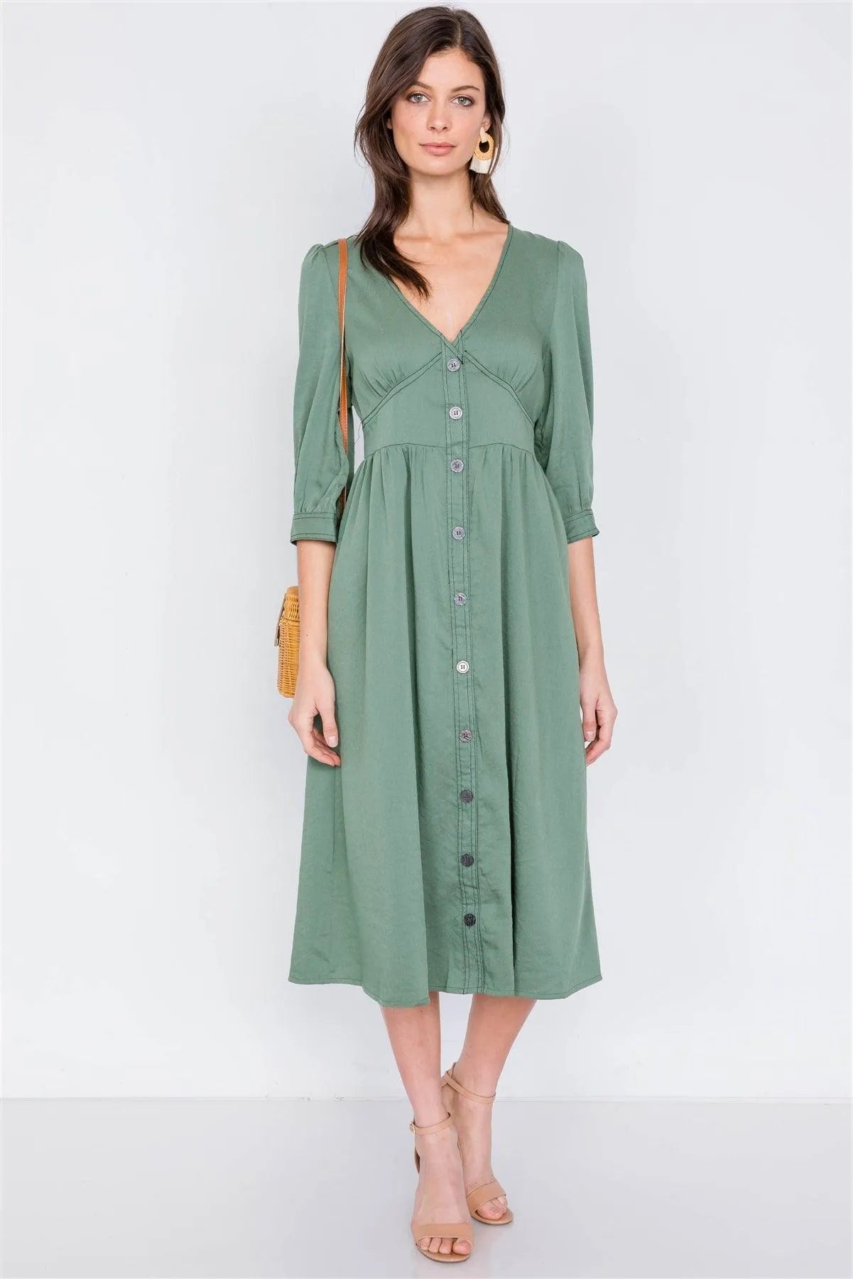 Olive V-Neck Front Button 3/4 Puff Sleeve Casual Midi Dress - Tasha Apparel Wholesale