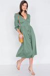 Olive V-Neck Front Button 3/4 Puff Sleeve Casual Midi Dress /1-2-3 - Tasha Apparel Wholesale