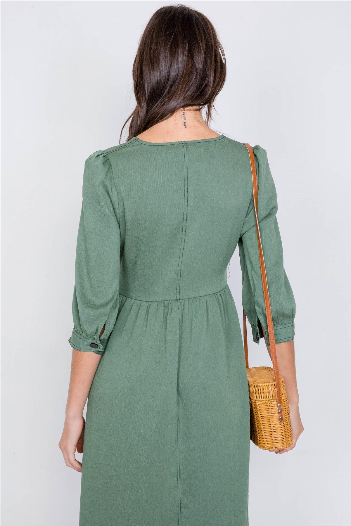 Olive V-Neck Front Button 3/4 Puff Sleeve Casual Midi Dress /1-2-3