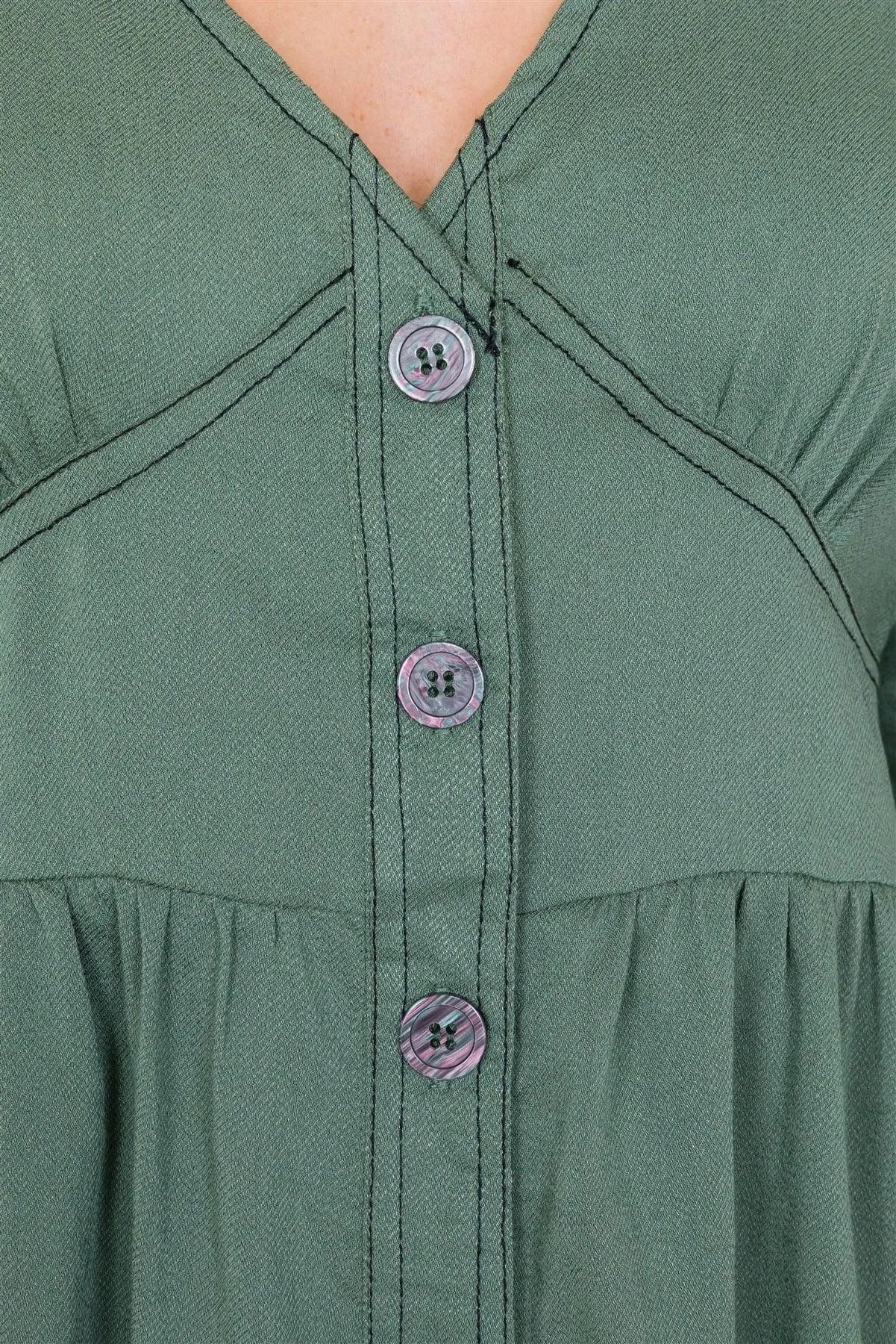 Olive V-Neck Front Button 3/4 Puff Sleeve Casual Midi Dress /1-2-3 - Tasha Apparel Wholesale