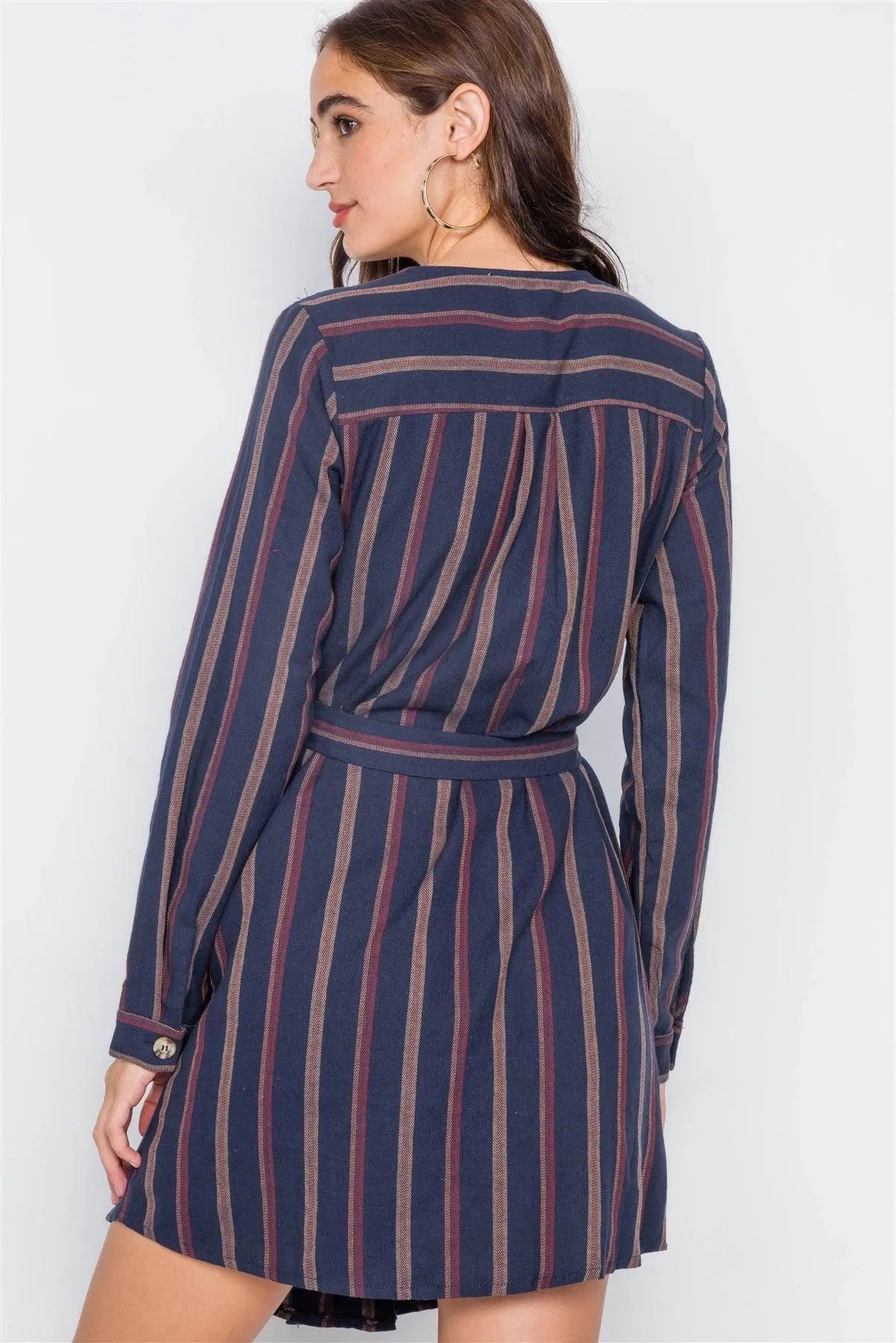 Navy Stripe Full Sleeve Curve Hem Mini Midi Dress /1-2-2 - Tasha Apparel Wholesale
