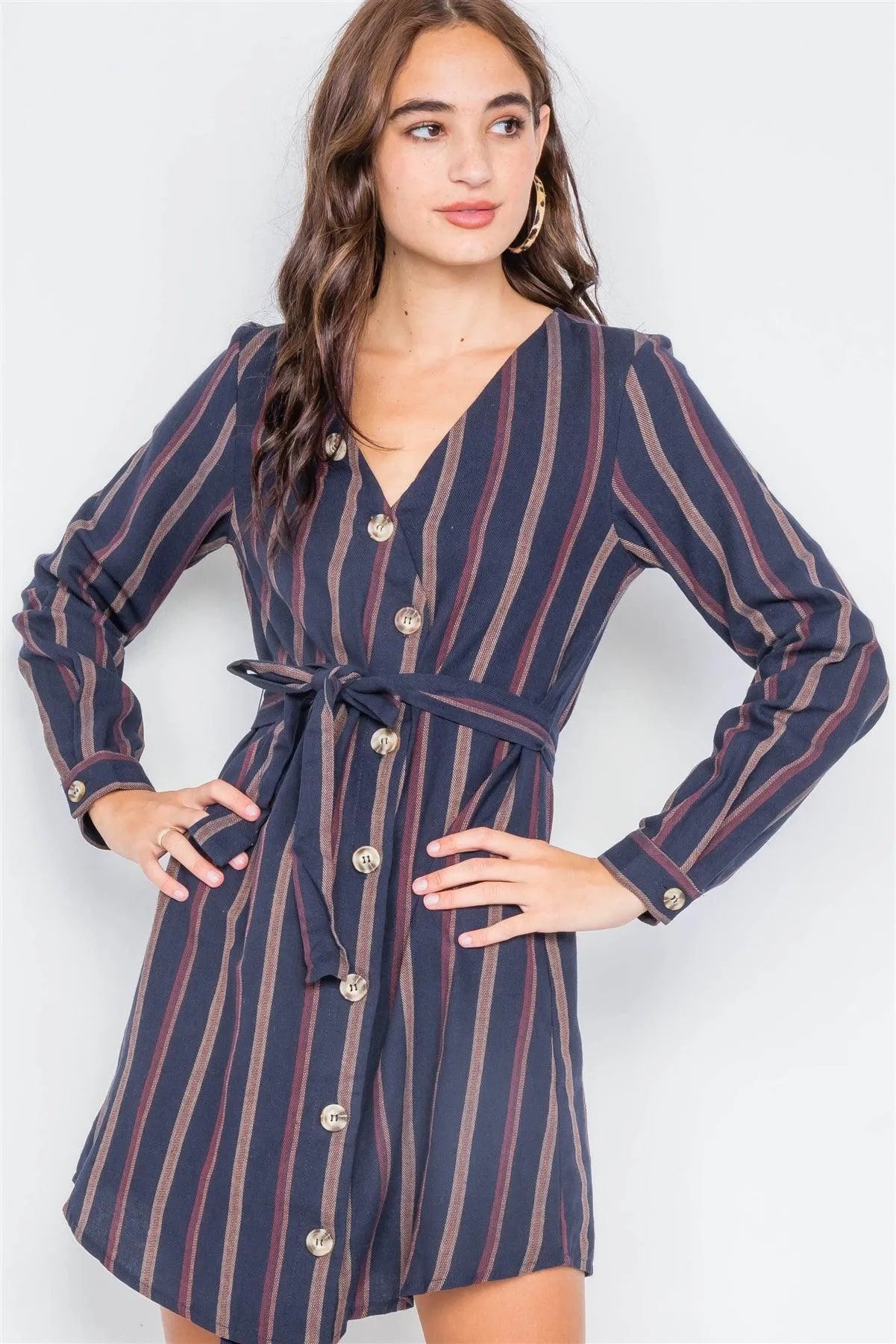 Navy Stripe Full Sleeve Curve Hem Mini Midi Dress /1-2-2 - Tasha Apparel Wholesale