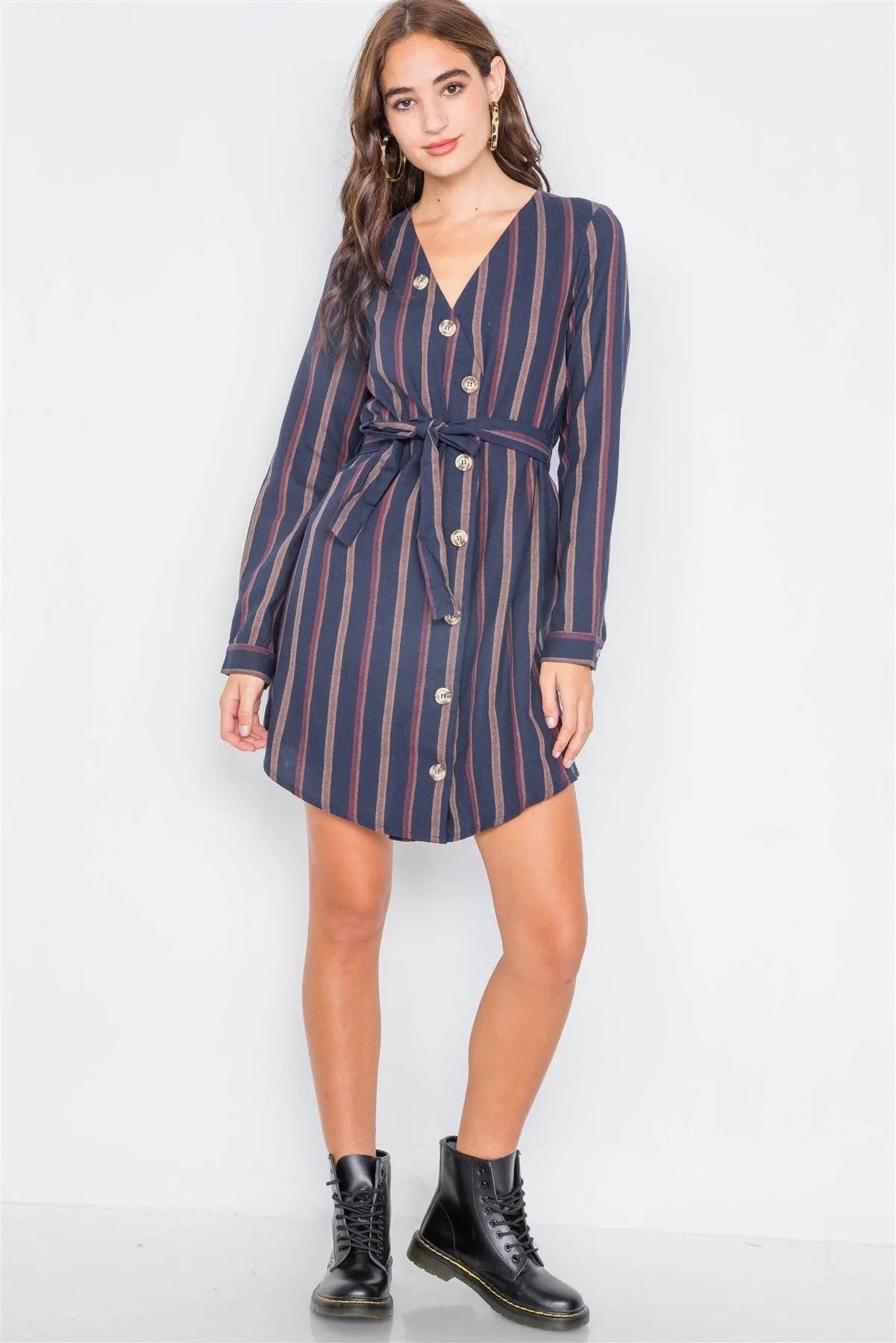 Navy Stripe Full Sleeve Curve Hem Mini Midi Dress /1-2-2 - Tasha Apparel Wholesale