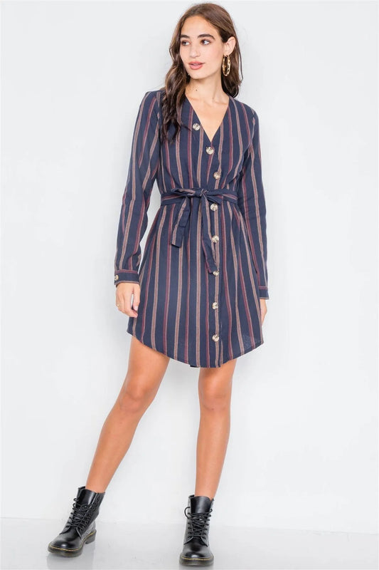 Navy Stripe Full Sleeve Curve Hem Mini Midi Dress /2-2-2 - Tasha Apparel Wholesale
