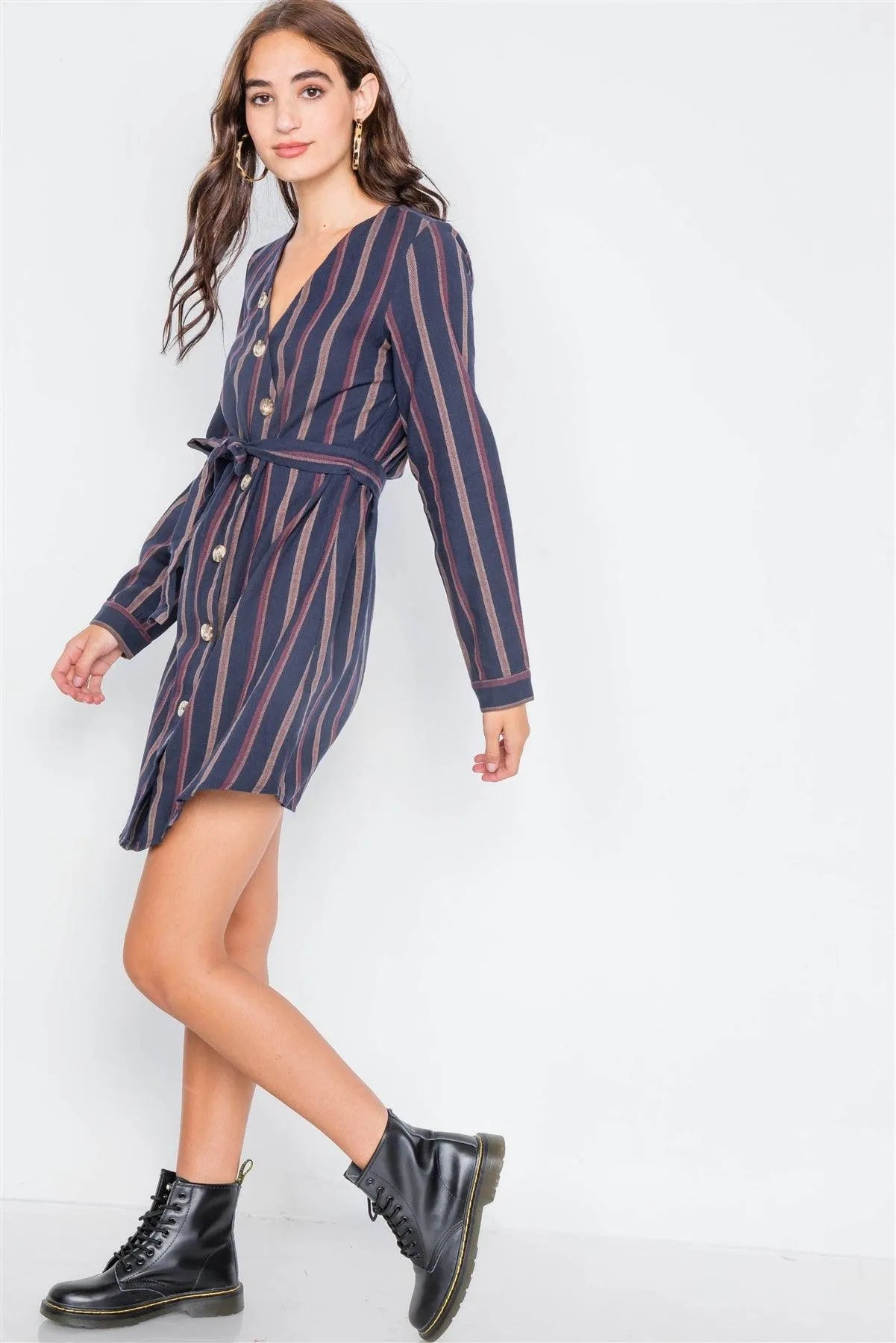 Navy Stripe Full Sleeve Curve Hem Mini Midi Dress /2-2-2 - Tasha Apparel Wholesale