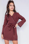 Burgundy & Blue Plaid Checkered Grommet Raw Hem Mini Dress /2-2-2 - Tasha Apparel Wholesale