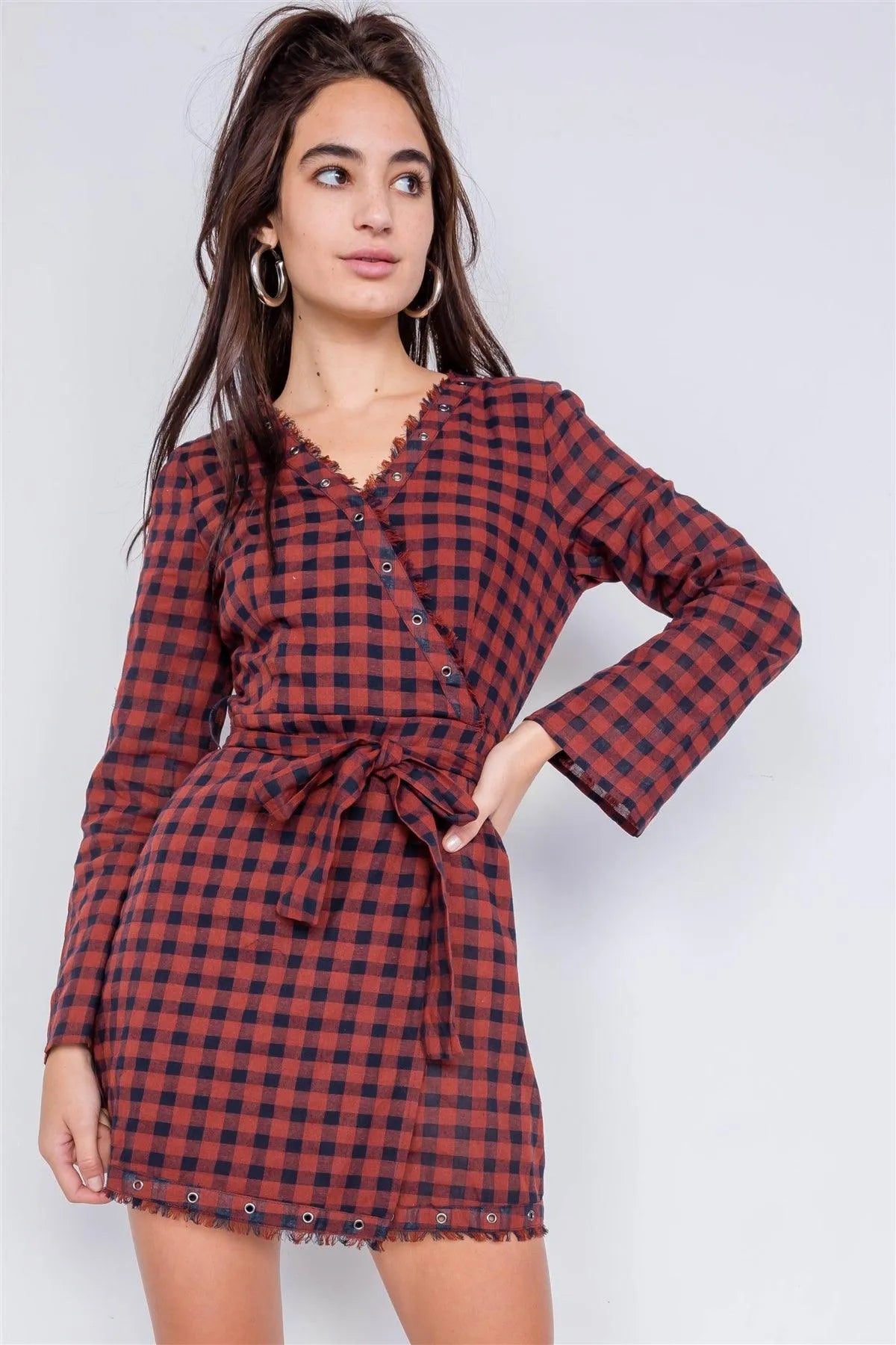 Burgundy & Blue Plaid Checkered Grommet Raw Hem Mini Dress /2-2-2 - Tasha Apparel Wholesale