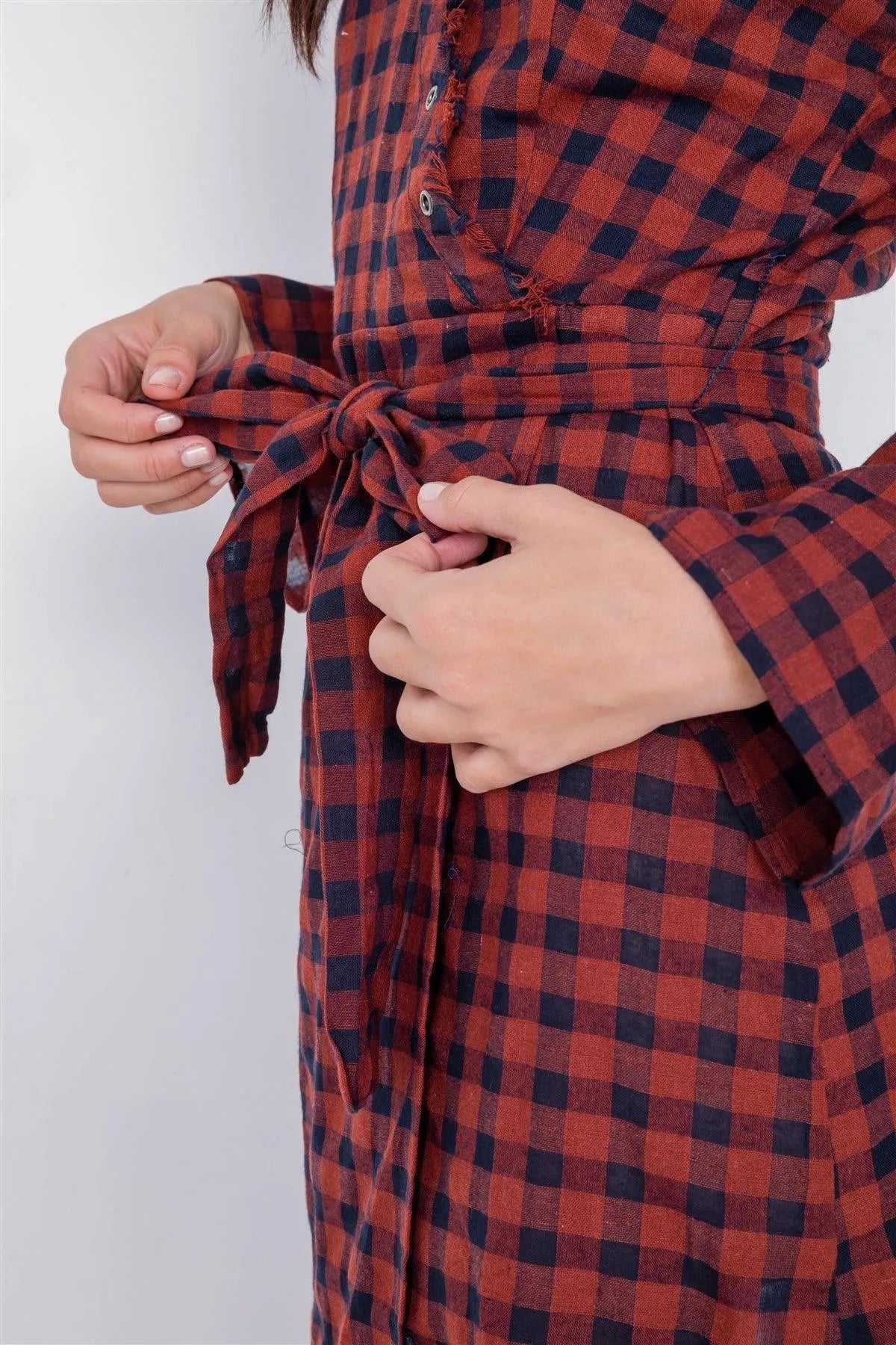 Burgundy & Blue Plaid Checkered Grommet Raw Hem Mini Dress /2-2-2 - Tasha Apparel Wholesale