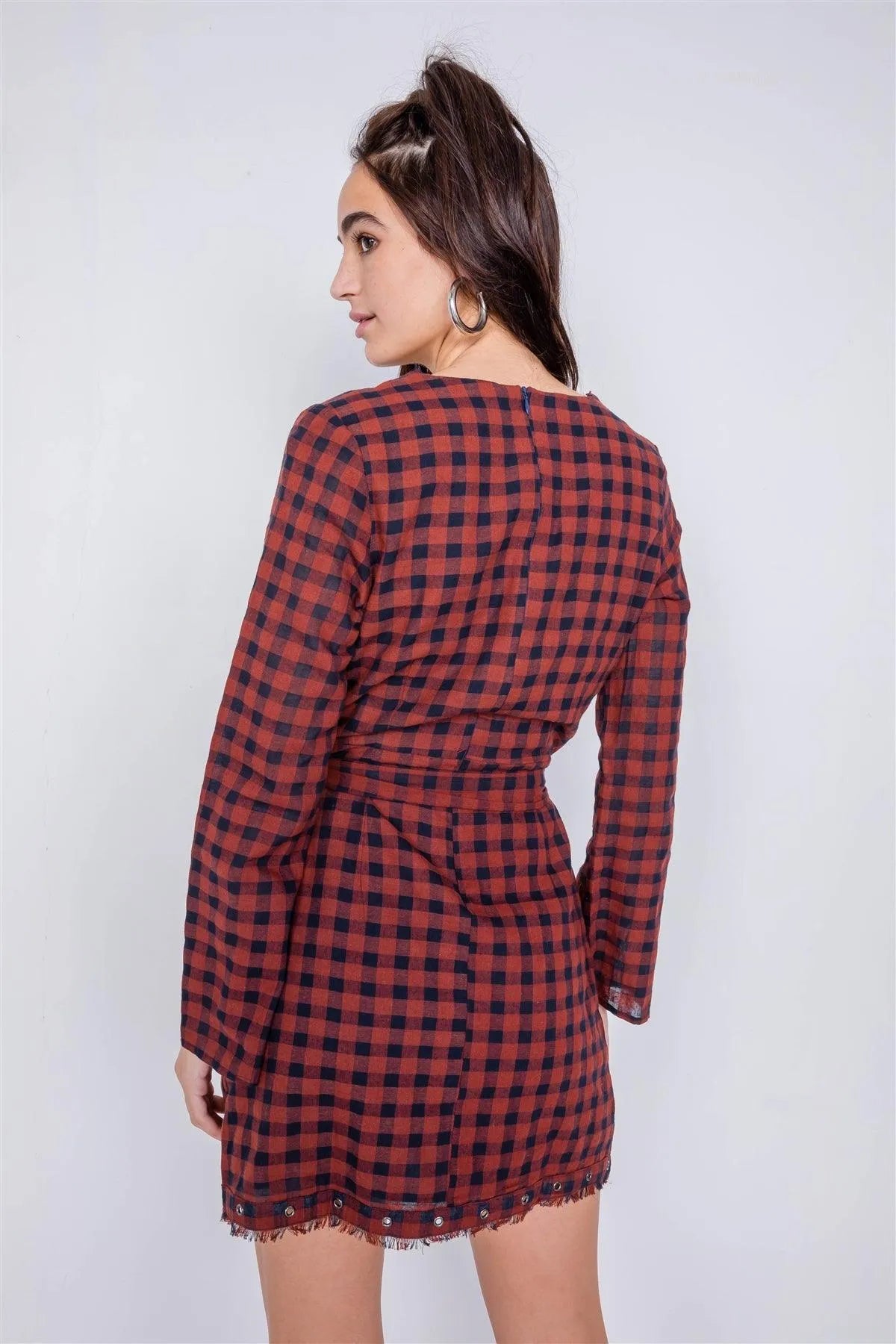 Burgundy & Blue Plaid Checkered Grommet Raw Hem Mini Dress /2-2-2 - Tasha Apparel Wholesale