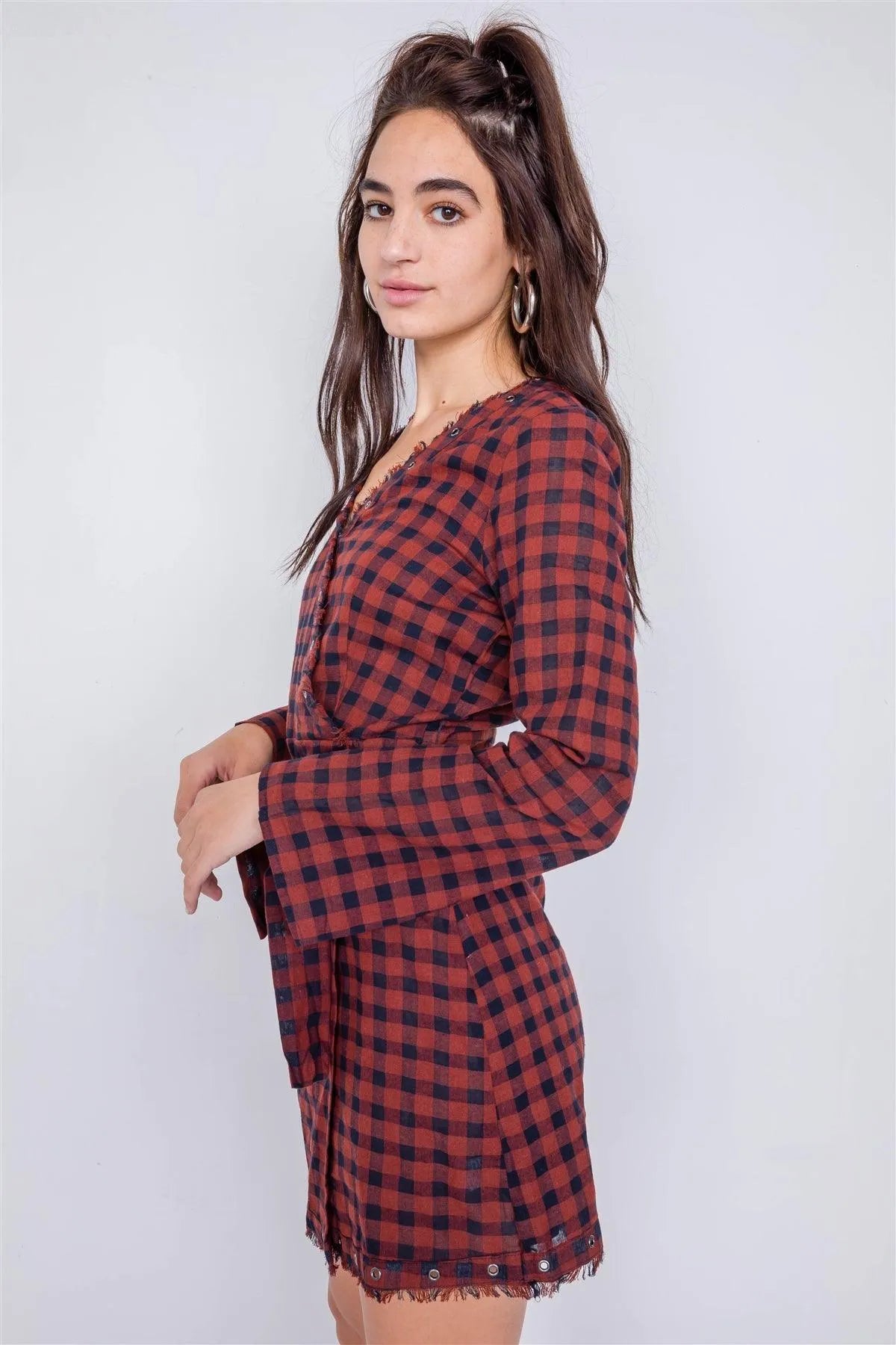 Burgundy & Blue Plaid Checkered Grommet Raw Hem Mini Dress /2-2-2 - Tasha Apparel Wholesale