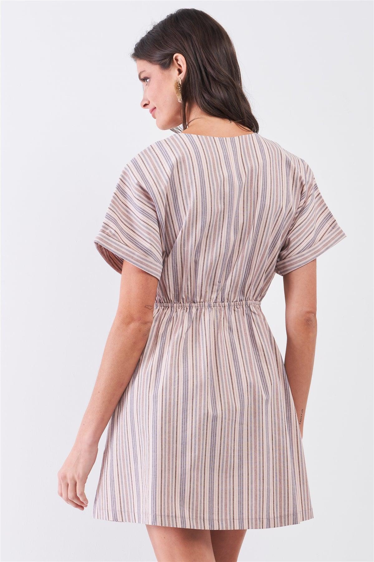 So 90's! Blush Striped Self-Tie Front Detail Short Sleeve Button Down Mini Shirt Dress /2-2