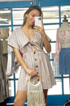 So 90's! Blush Striped Self-Tie Front Detail Short Sleeve Button Down Mini Shirt Dress /2-2-2 - Tasha Apparel Wholesale
