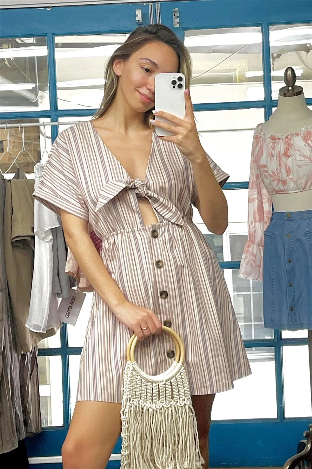 So 90's! Blush Striped Self-Tie Front Detail Short Sleeve Button Down Mini Shirt Dress /2-2-2 - Tasha Apparel Wholesale