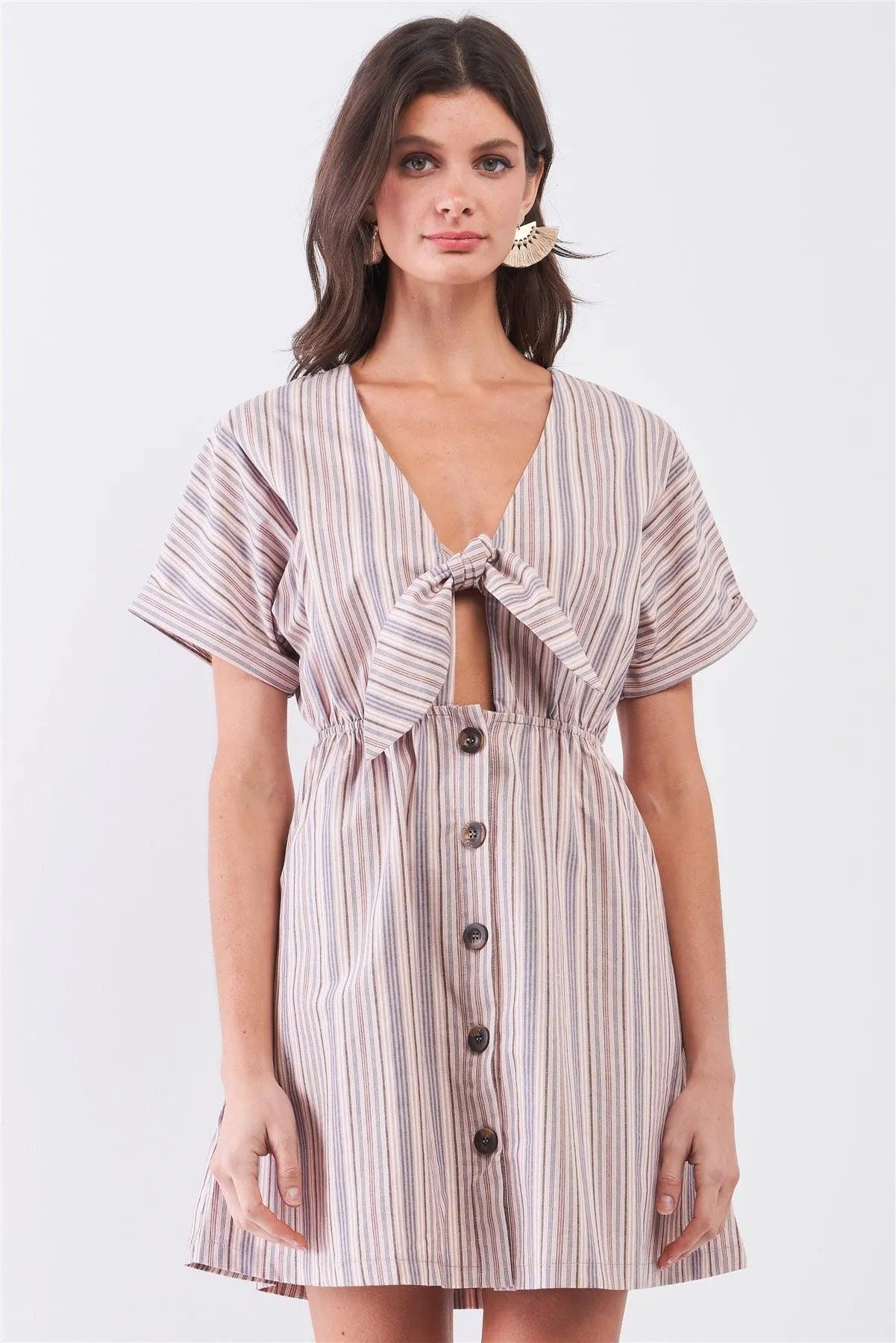 So 90's! Blush Striped Self-Tie Front Detail Short Sleeve Button Down Mini Shirt Dress /2-2-2 - Tasha Apparel Wholesale