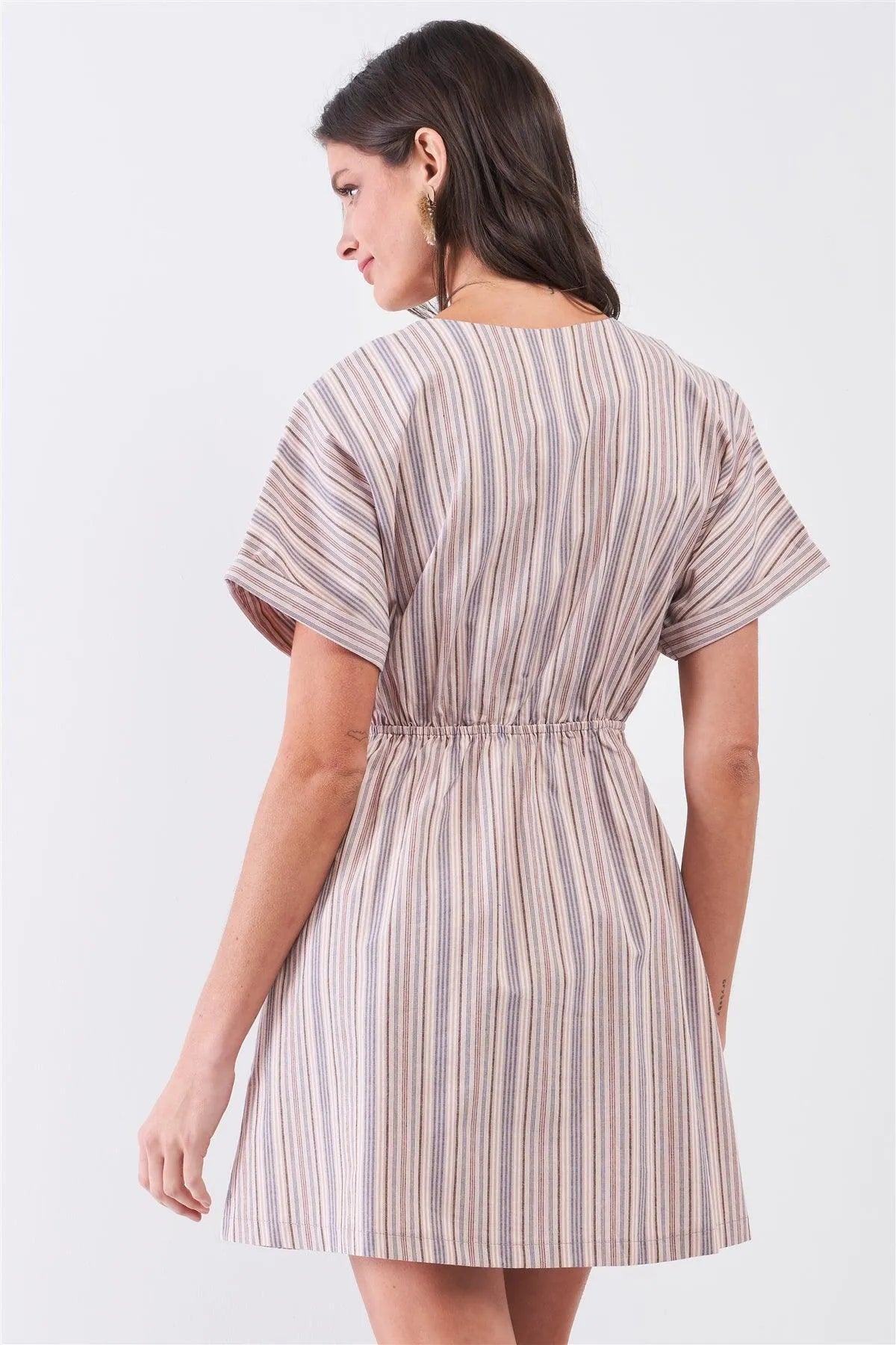 So 90's! Blush Striped Self-Tie Front Detail Short Sleeve Button Down Mini Shirt Dress /2-2-2 - Tasha Apparel Wholesale