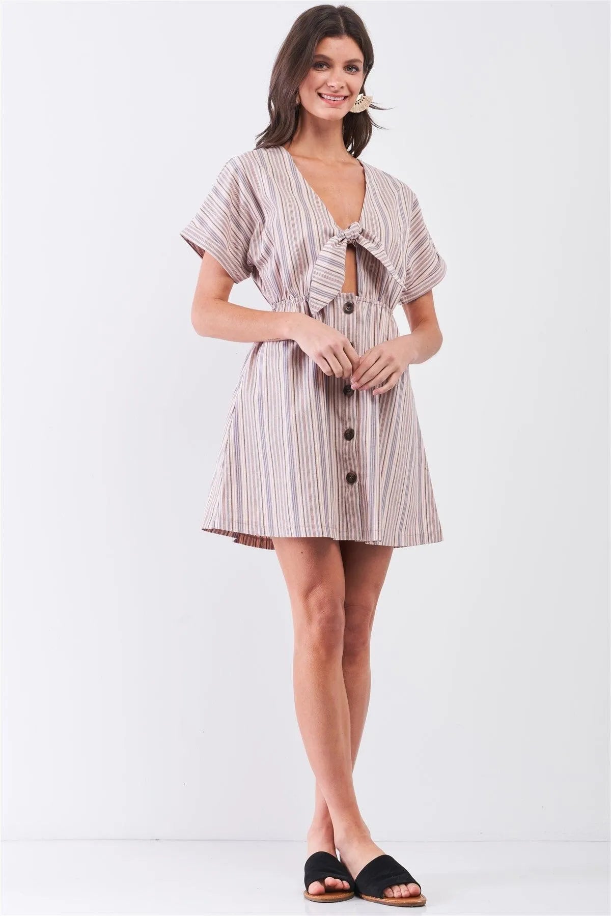 So 90's! Blush Striped Self-Tie Front Detail Short Sleeve Button Down Mini Shirt Dress /2-2-2 - Tasha Apparel Wholesale