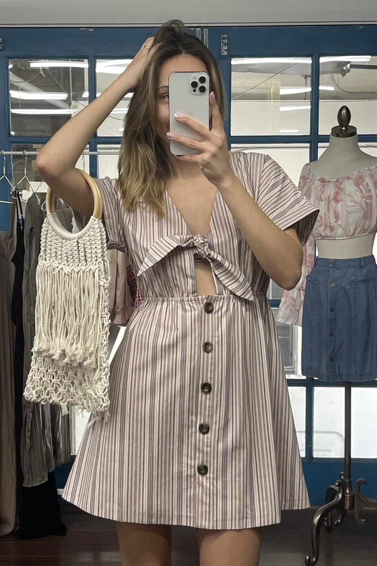 So 90's! Blush Striped Self-Tie Front Detail Short Sleeve Button Down Mini Shirt Dress /2-2-2 - Tasha Apparel Wholesale