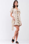 So 90's! Taupe Striped Self-Tie Front Detail Short Sleeve Button Down Mini Shirt Dress /2-2 - Tasha Apparel Wholesale