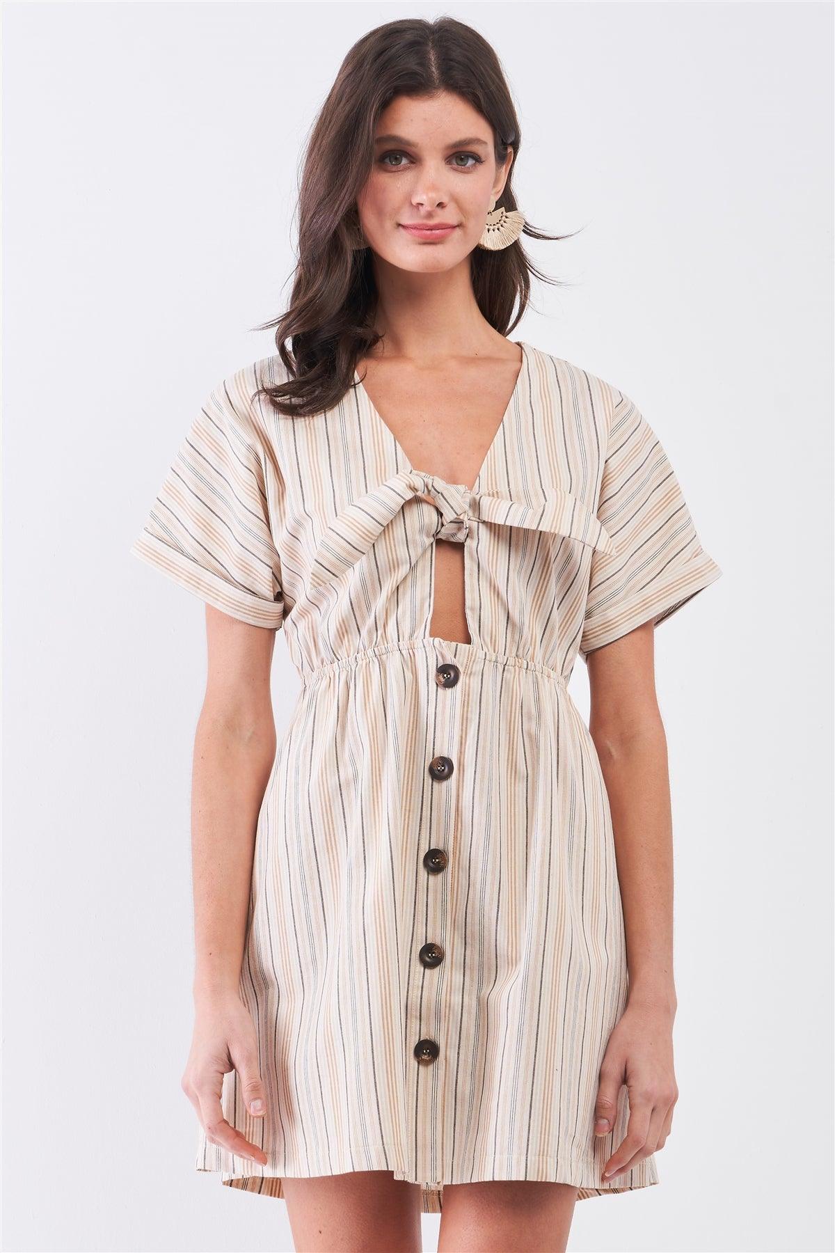 So 90's! Taupe Striped Self-Tie Front Detail Short Sleeve Button Down Mini Shirt Dress /2-2
