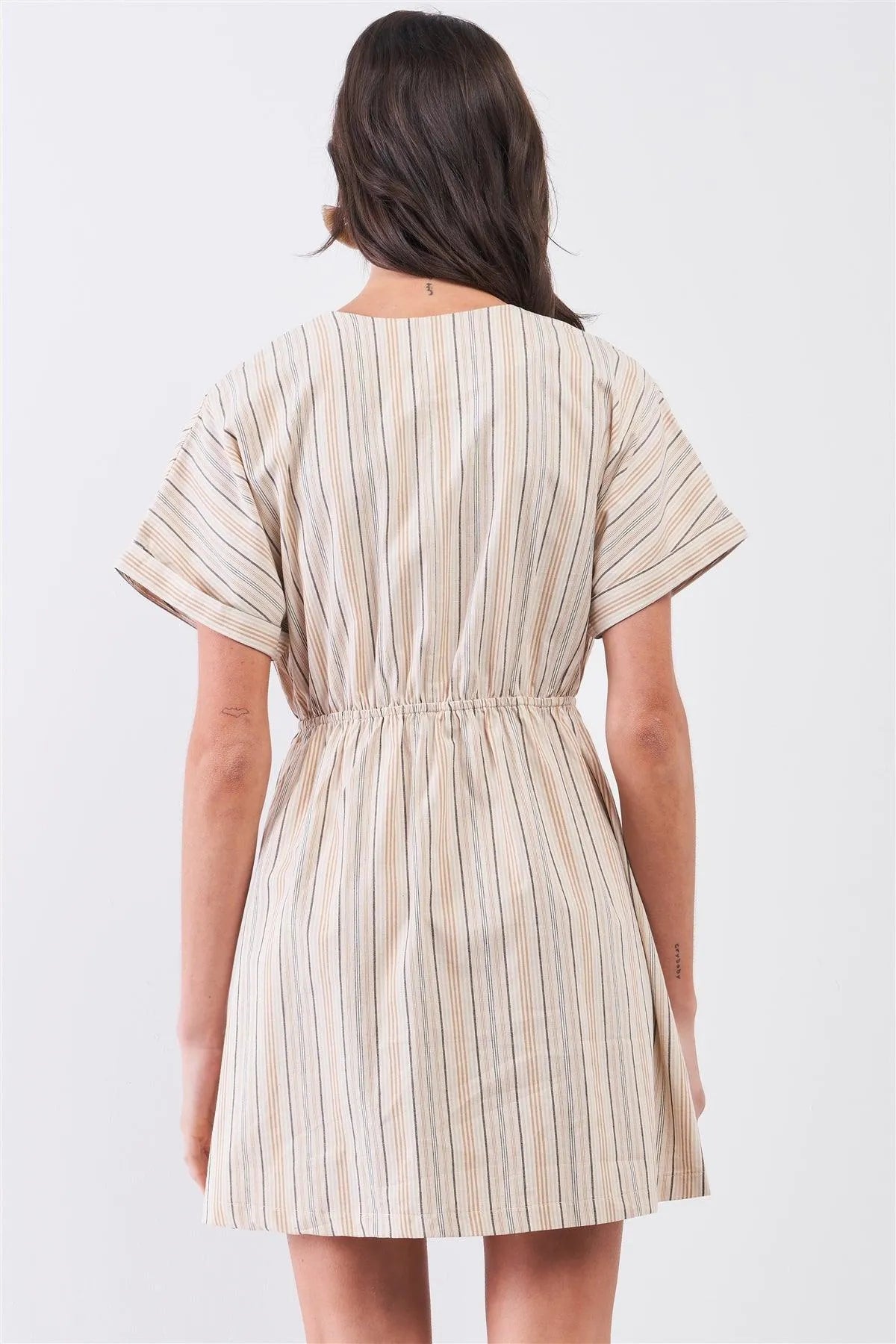 So 90's! Taupe Striped Self-Tie Front Detail Short Sleeve Button Down Mini Shirt Dress /2-2-2 - Tasha Apparel Wholesale