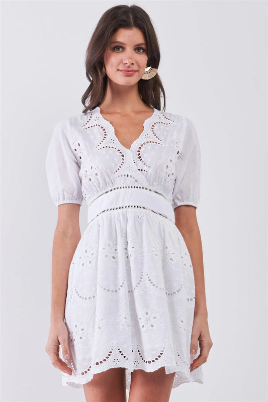 White Boho Crochet Embroidery Laser-Cut Waistband Detail Puff Sleeve Mini Dress /3-2-1 - Tasha Apparel Wholesale
