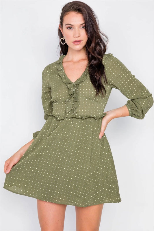 Olive Flounce Polkadot A-Line Midi Dress /2-2-2 - Tasha Apparel Wholesale