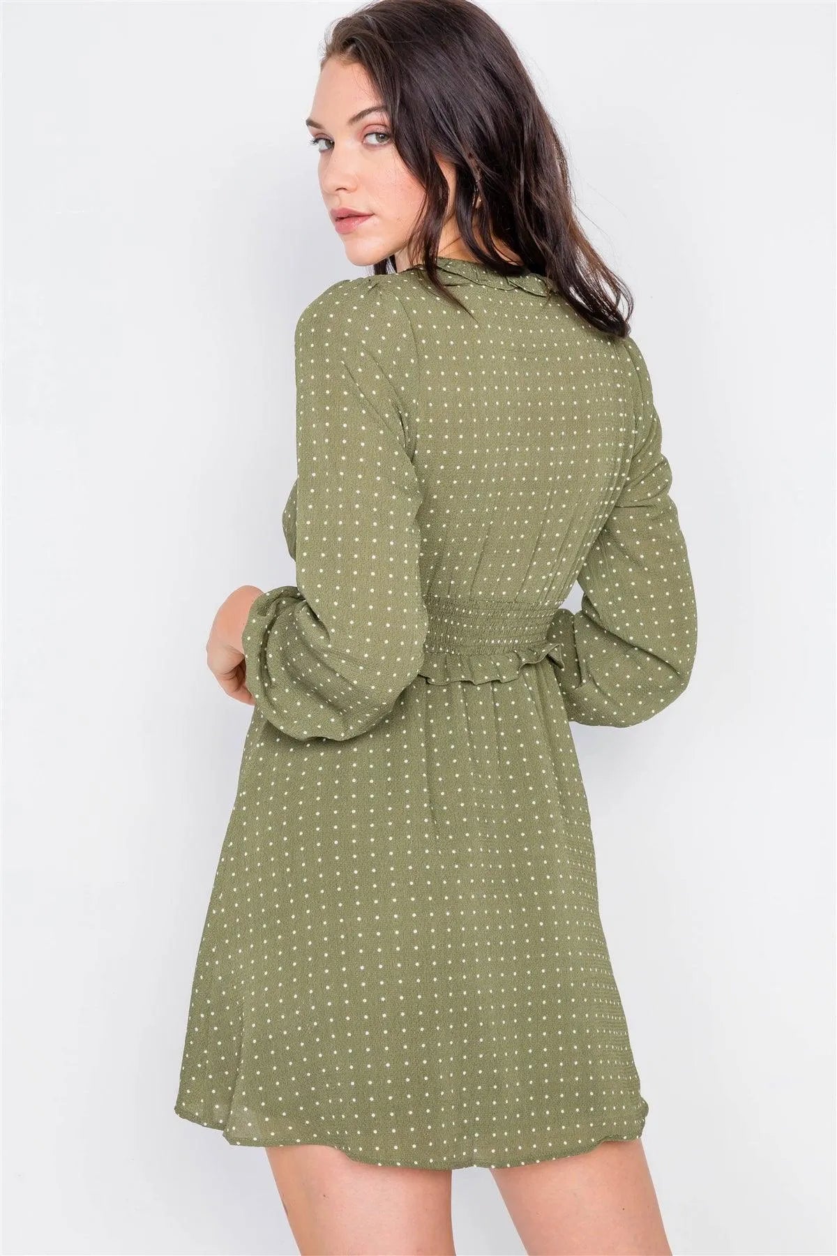 Olive Flounce Polkadot A-Line Midi Dress /2-2-2 - Tasha Apparel Wholesale