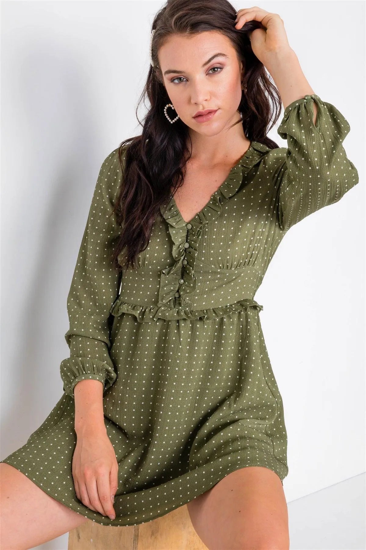 Olive Flounce Polkadot A-Line Midi Dress /2-2-2 - Tasha Apparel Wholesale