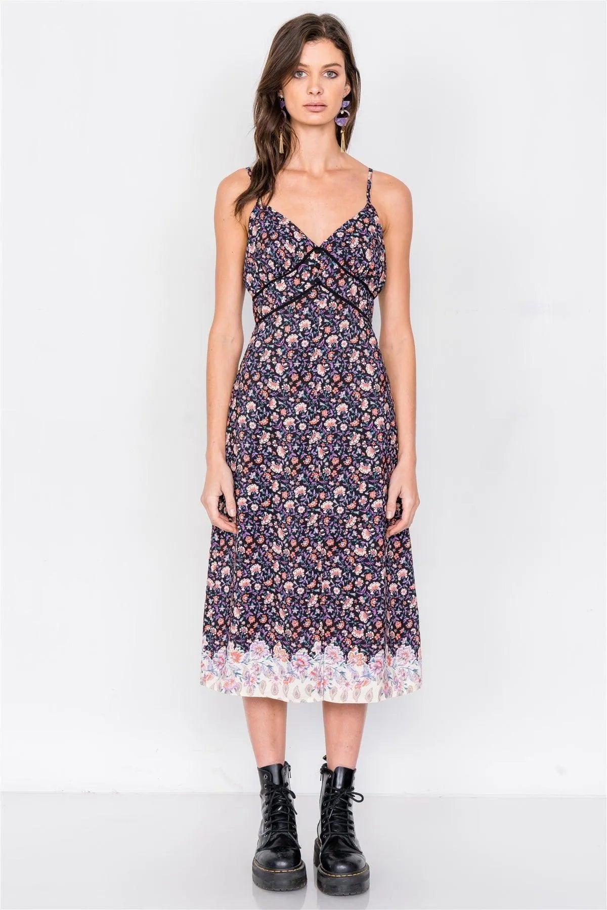 Black Multi Floral Print Mini Slit Midi Dress /2-2-2 - Tasha Apparel Wholesale