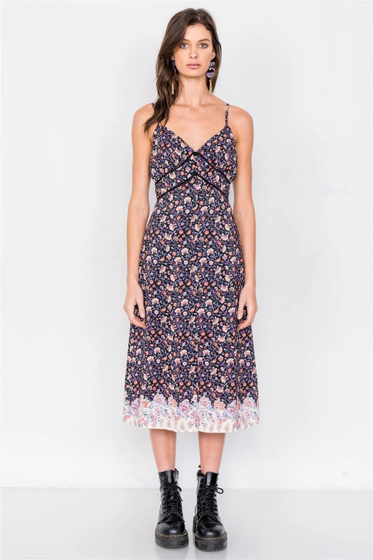 Black Multi Floral Print Mini Slit Midi Dress /2-2-2 - Tasha Apparel Wholesale