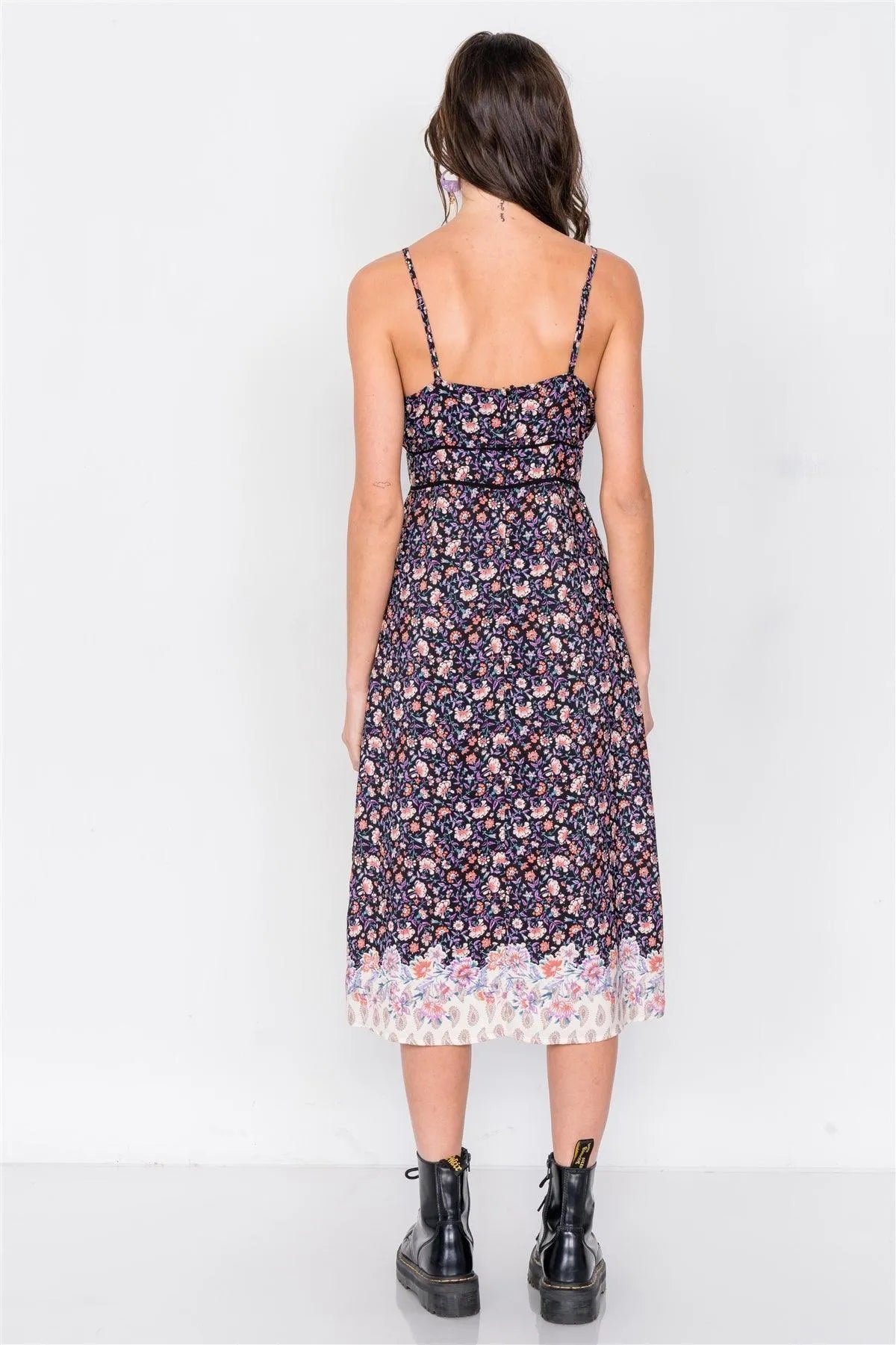 Black Multi Floral Print Mini Slit Midi Dress /2-2-2 - Tasha Apparel Wholesale