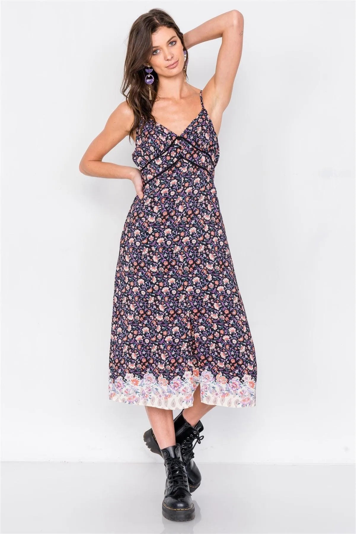 Black Multi Floral Print Mini Slit Midi Dress /2-2-2 - Tasha Apparel Wholesale