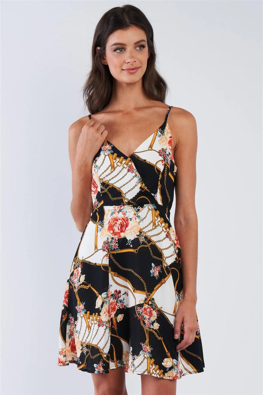 Black Multi Floral Belt & Chain Printed Mini Dress - Tasha Apparel Wholesale