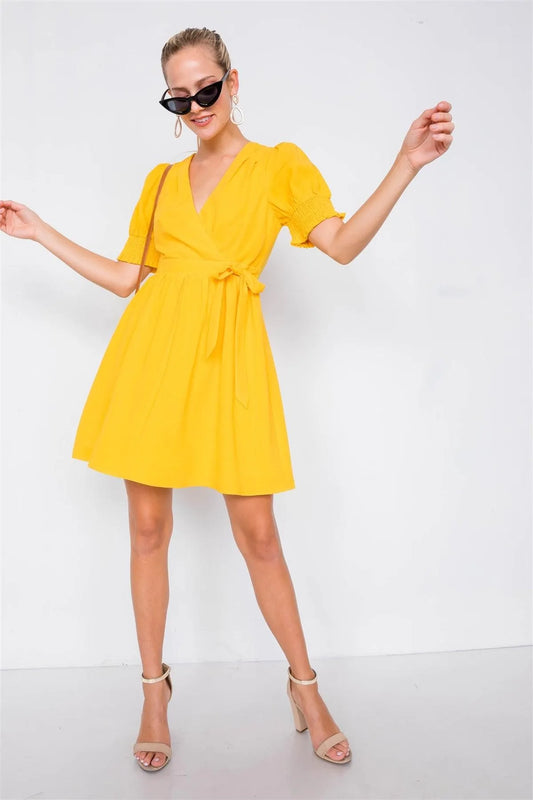 Yellow Vintage V-Neck Smocked Short Puff Sleeve Classic Mini Sundress /2-2-2 - Tasha Apparel Wholesale
