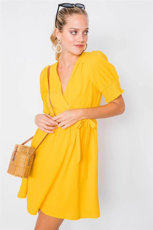 Yellow Vintage V-Neck Smocked Short Puff Sleeve Classic Mini Sundress - Tasha Apparel Wholesale