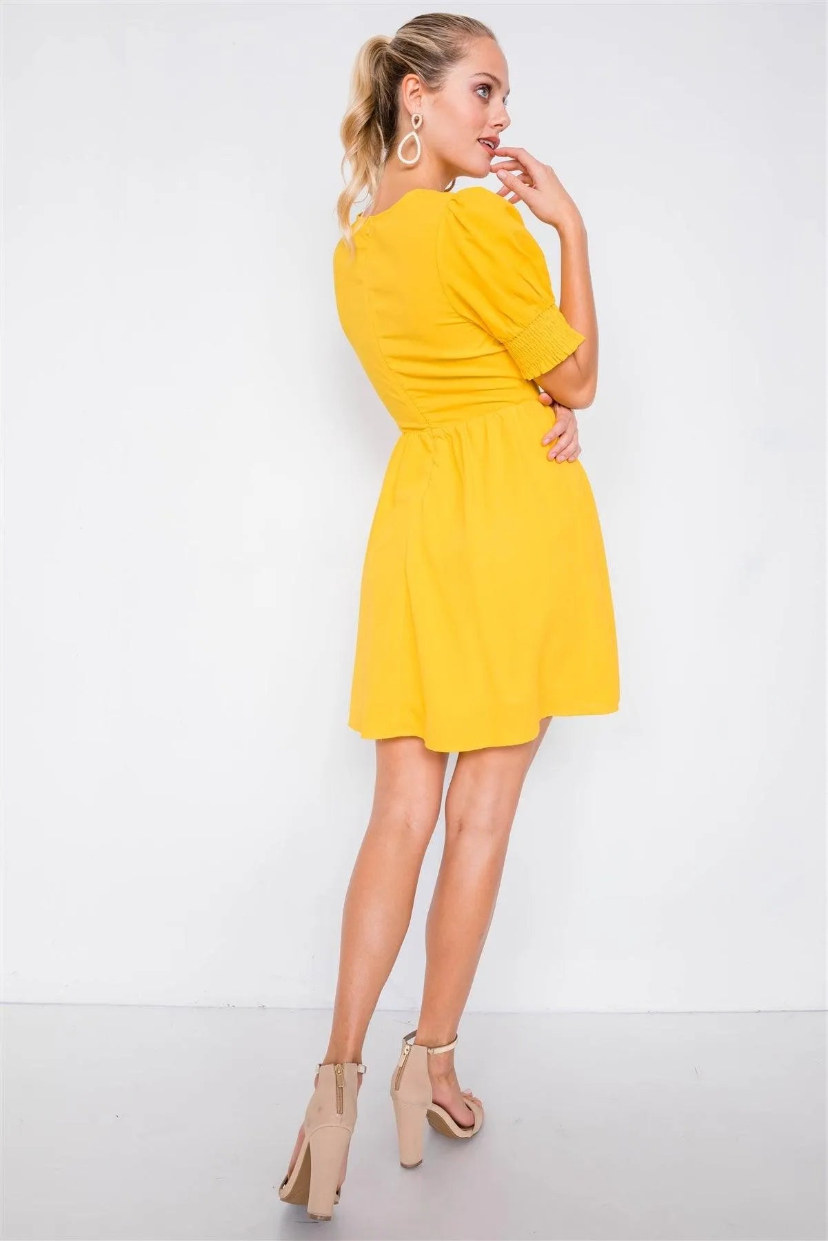 Yellow Vintage V-Neck Smocked Short Puff Sleeve Classic Mini Sundress - Tasha Apparel Wholesale