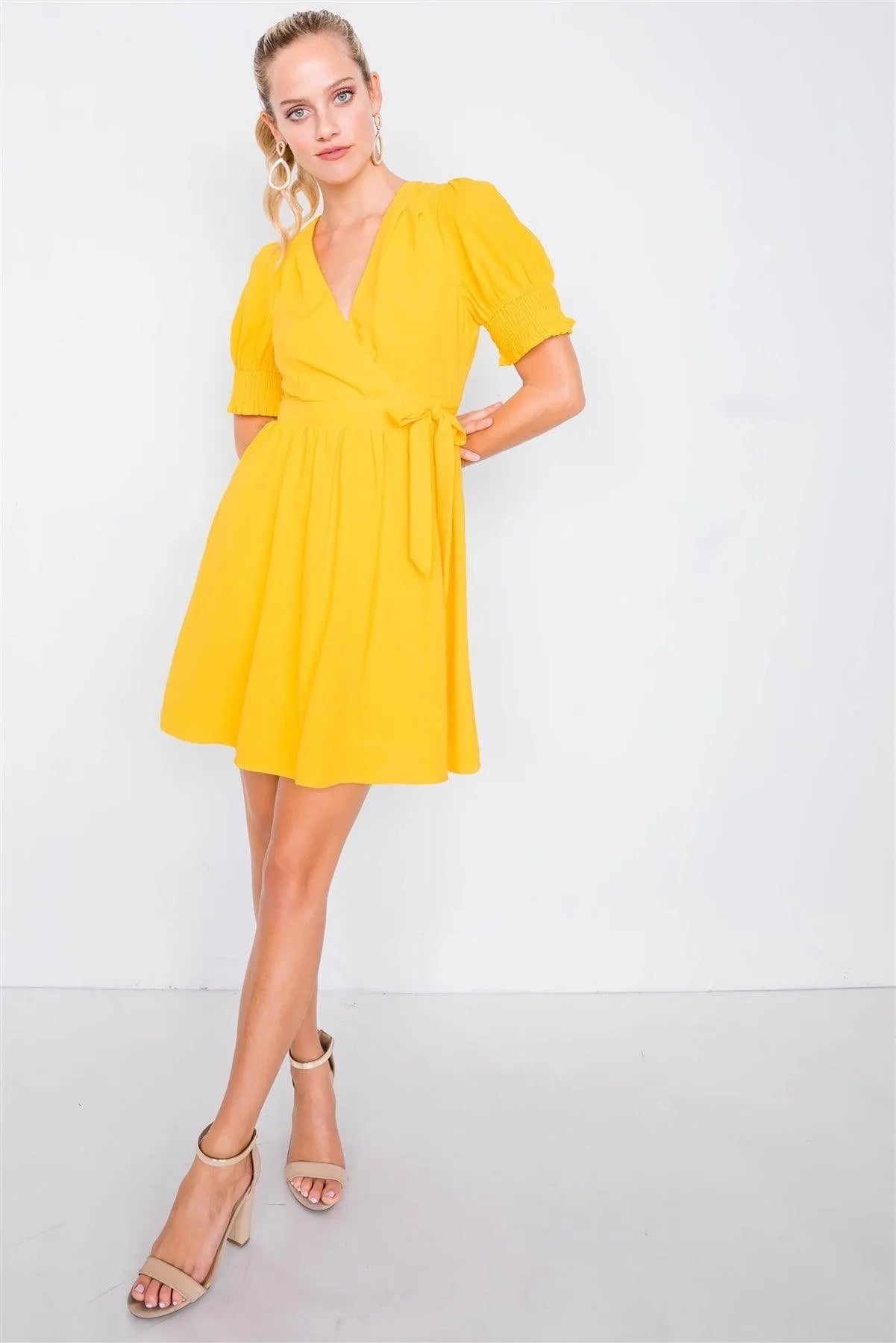 Yellow Vintage V-Neck Smocked Short Puff Sleeve Classic Mini Sundress - Tasha Apparel Wholesale