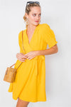 Yellow Vintage V-Neck Smocked Short Puff Sleeve Classic Mini Sundress /3-1-2 - Tasha Apparel Wholesale